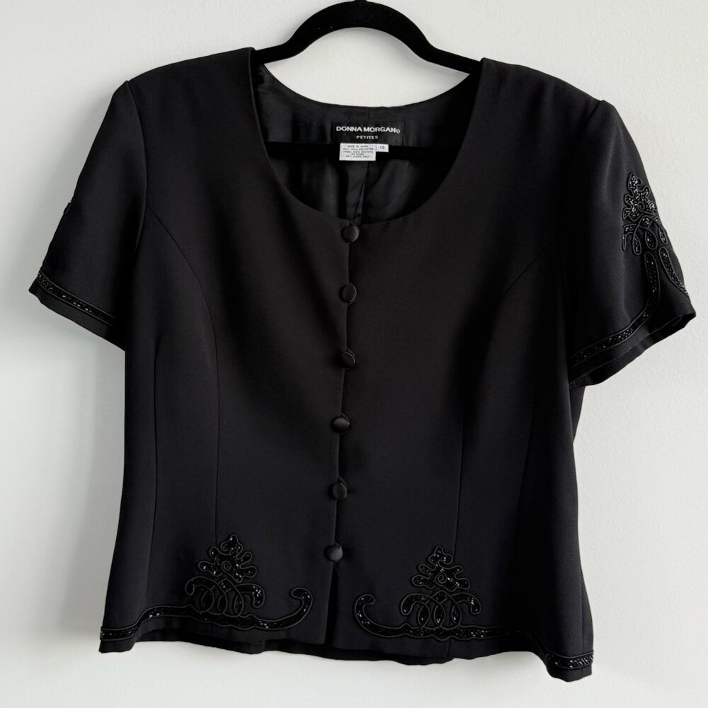 Vintage Black Button Up Blouse with Bead Embroidery by Donna Morgan